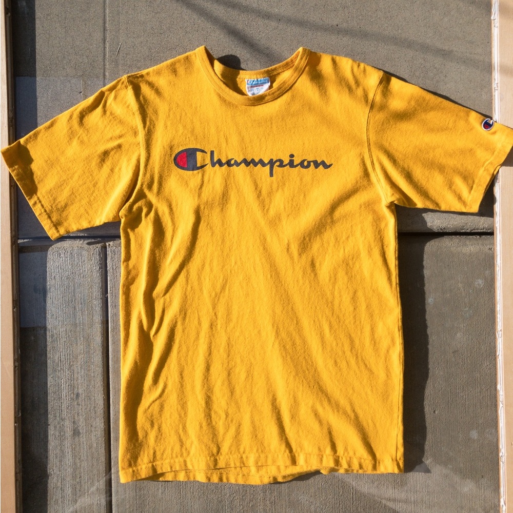 Yellow Champion Logo T Shirt Adult Medium Vintage
